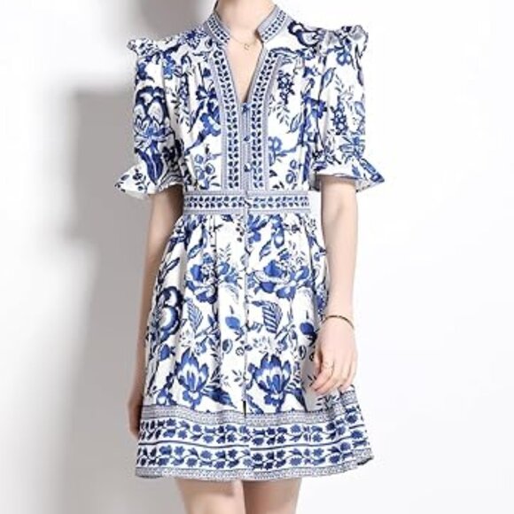 LAI MENG FIVE CATS Women Button Up Short Puff Sleeve Mini Dress Sz: XL Blue/Wht - Picture 3 of 15